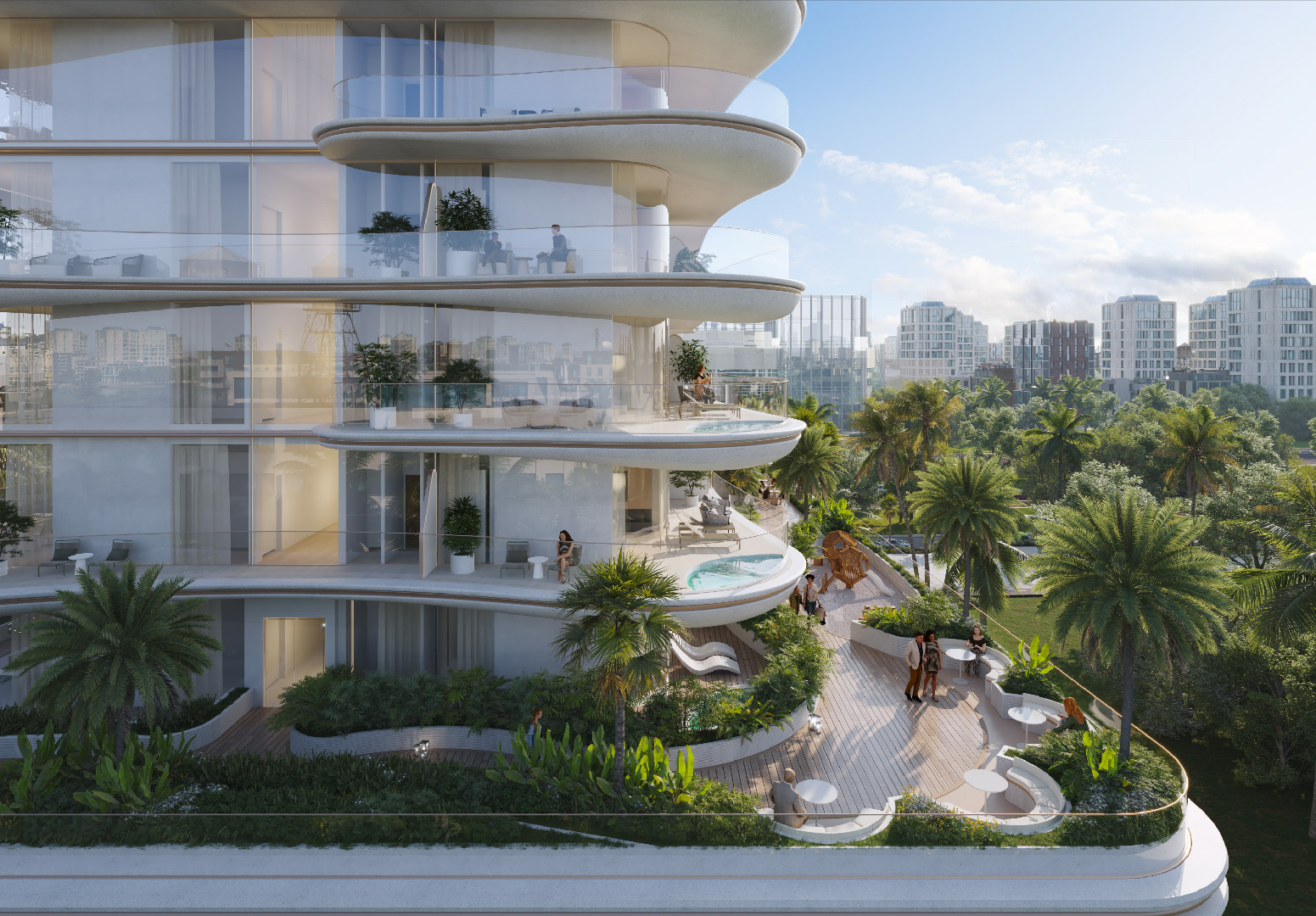 Beach Walk Residence A modern, multi-story building with curved balconies, greenery, and people enjoying outdoor spaces.